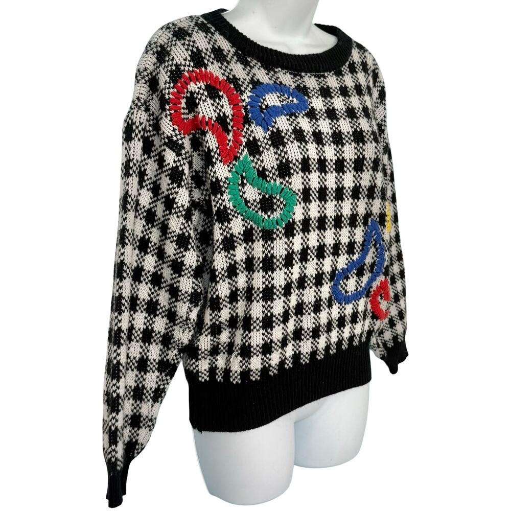 Vintage Black White Check Wide Stitch Rainbow Detail Crew Neck Sweater size S - Picture 7 of 11